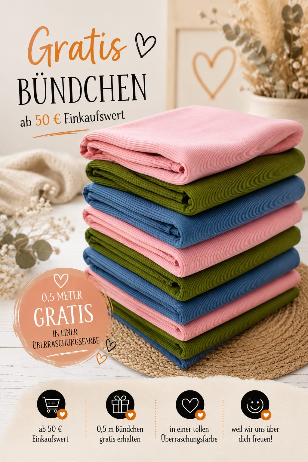 Geschenk für dich: 0,5 Meter Überraschungs-Bündchen GRATIS!