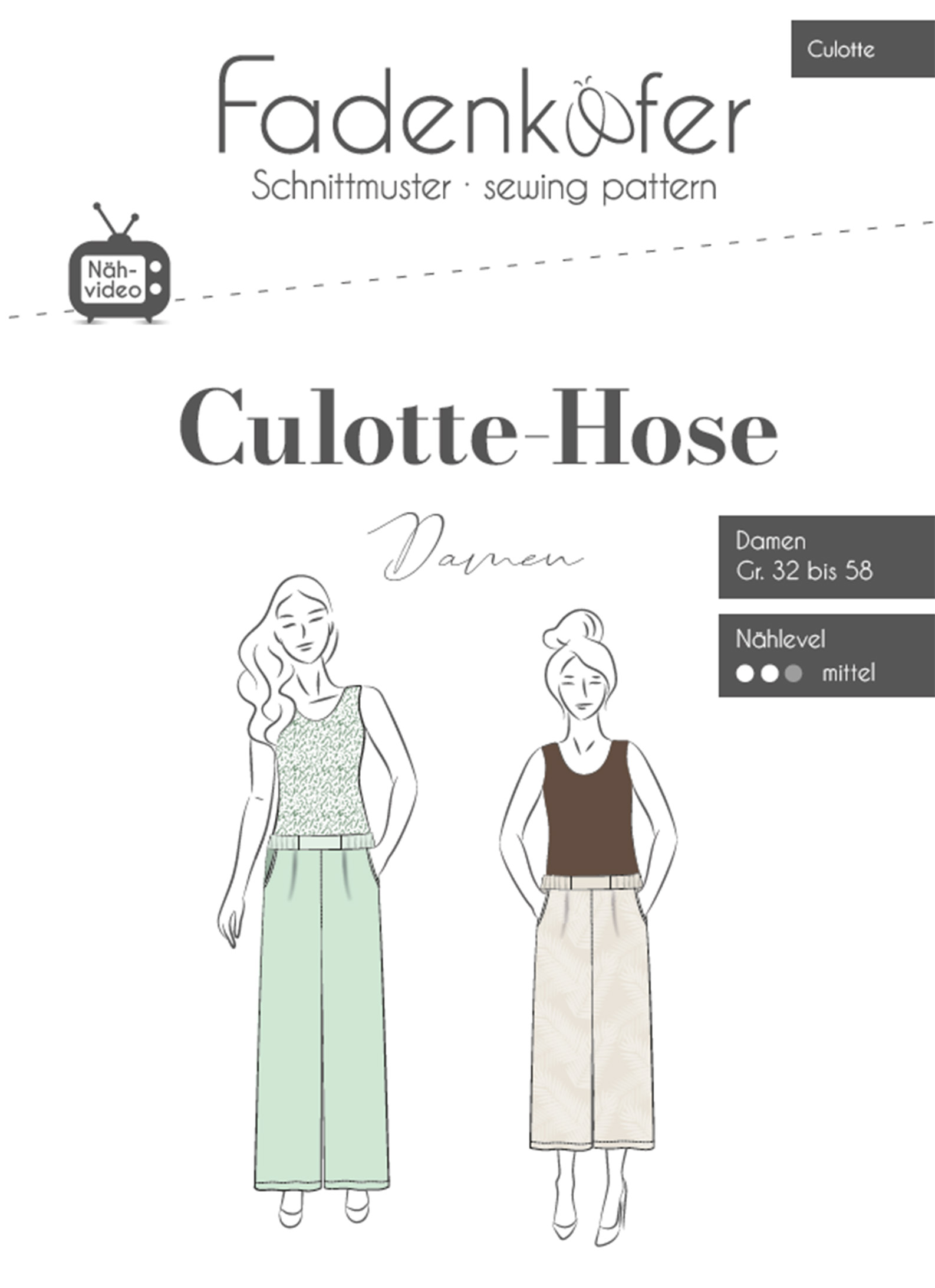 Fadenkäfer Papierschnittmuster für eine Damen-Culotte mit elastischem Gummibund, weit geschnittene Hosenrock-Optik, ideal für Nähanfängerinnen.