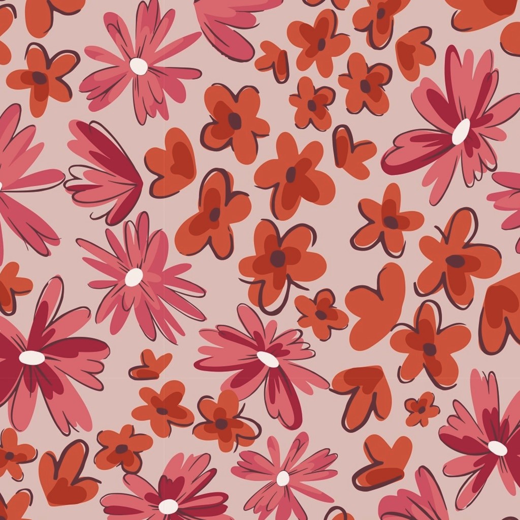 Baumwolljersey - Jersey Stoff - Motivjersey - Blüten in Pink und Orange auf Altrosa