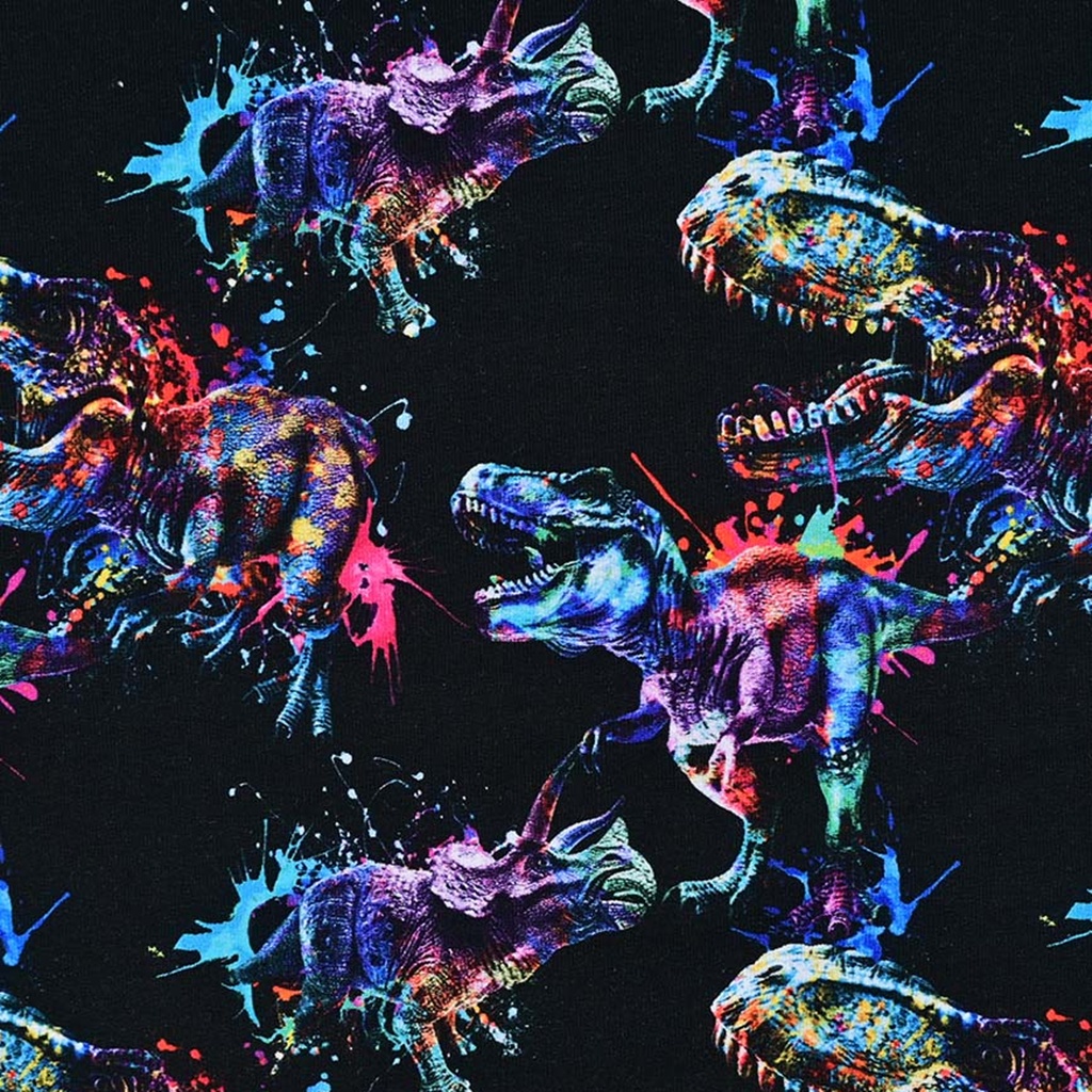 Sweat leicht angeraut Neon Dinos – Kuscheliger Sweatstoff in Schwarz mit bunten Dinosauriern im Neon-Farbspritzer-Look.
