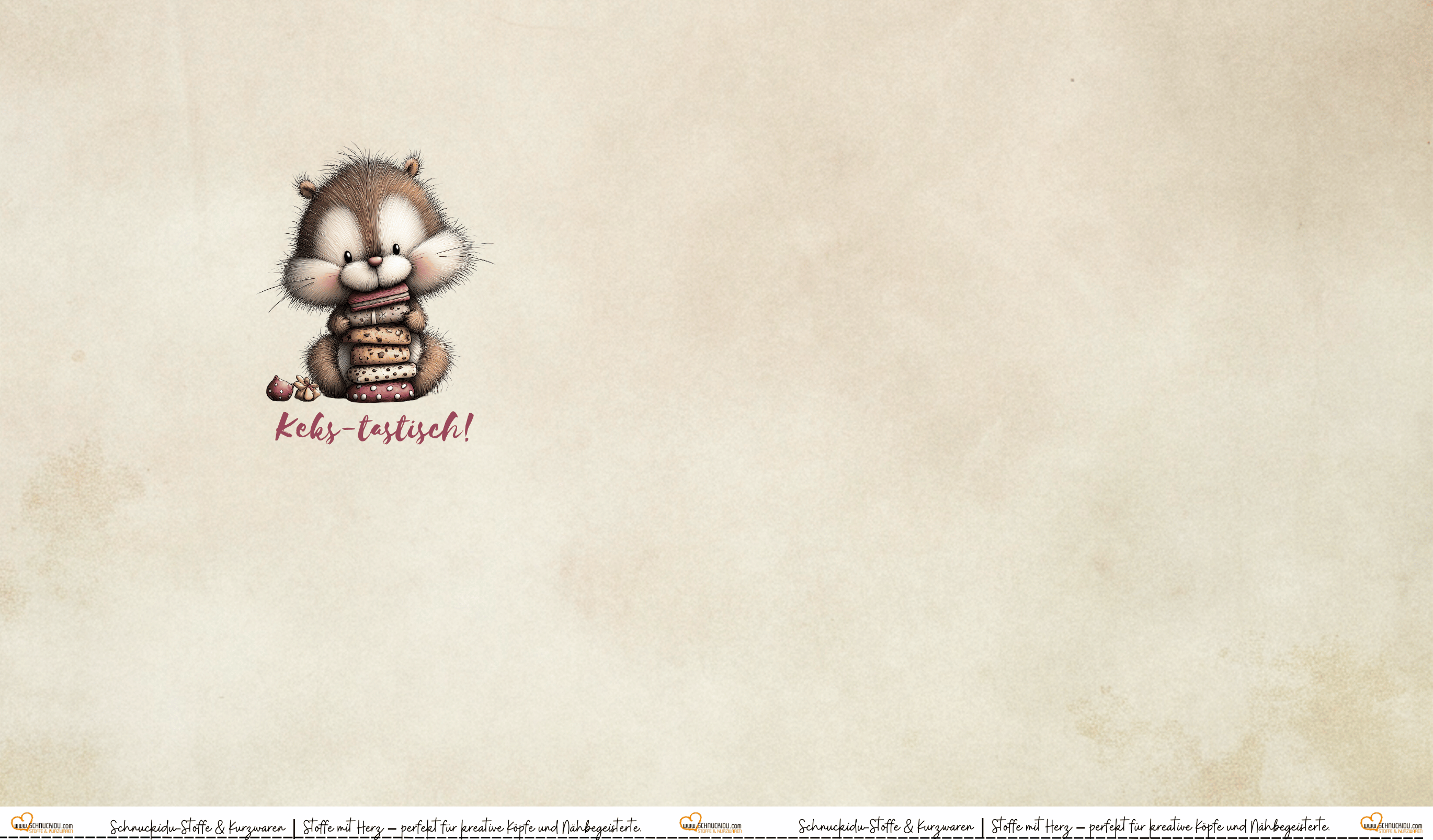 Schnuckidu Eigendesign French Terry Panel mit einem niedlichen süßen Hamster, der einen Keksstapel hält, und Schriftzug Keks-tastisch! auf beige-marmoriertem Background.