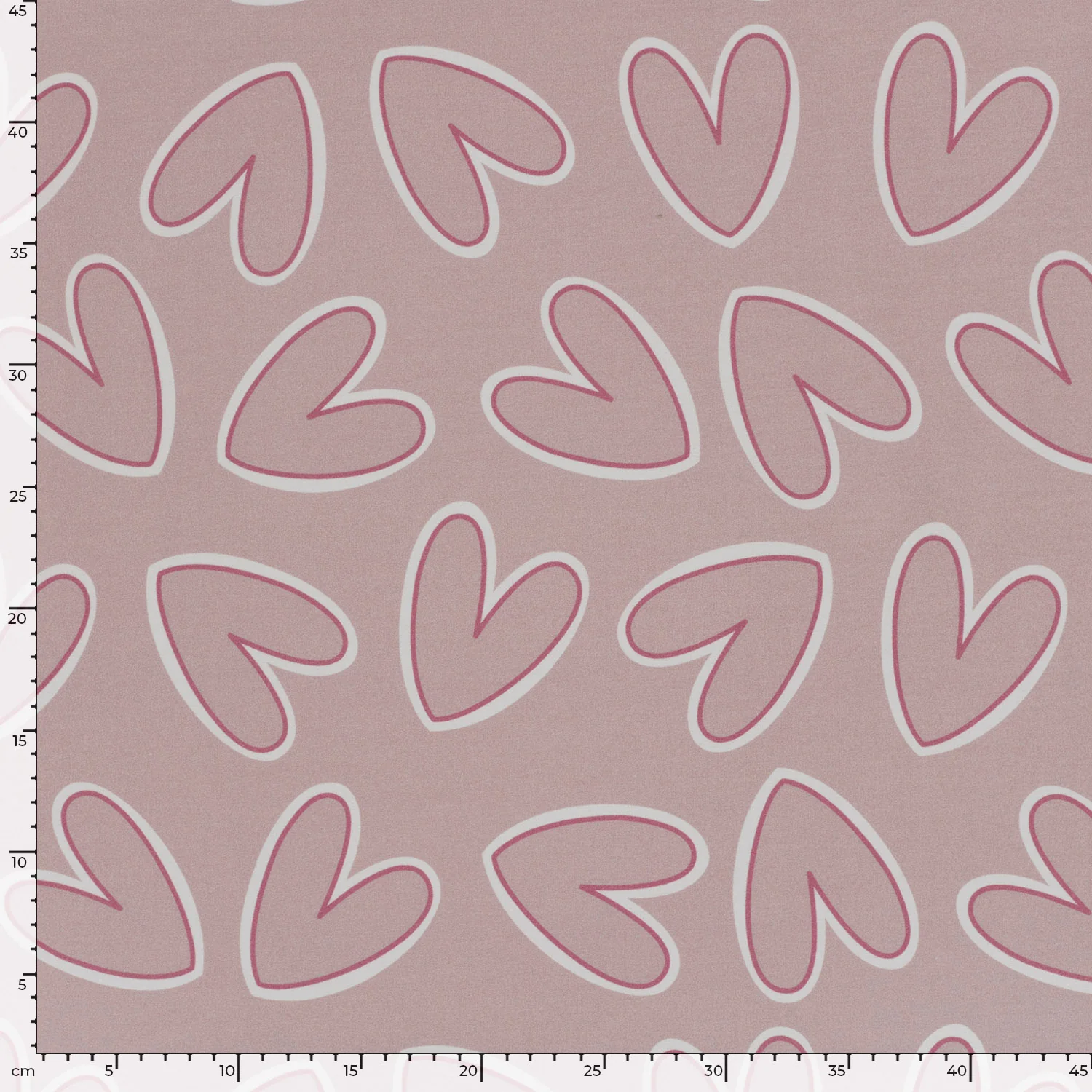 French Terry Sommersweat mit weißen Herzen auf Altrosa – 95% Baumwolle, 5% Elasthan, Öko-Tex Standard 100, weicher Sweatstoff für feminine Kleider & Kinderoutfits