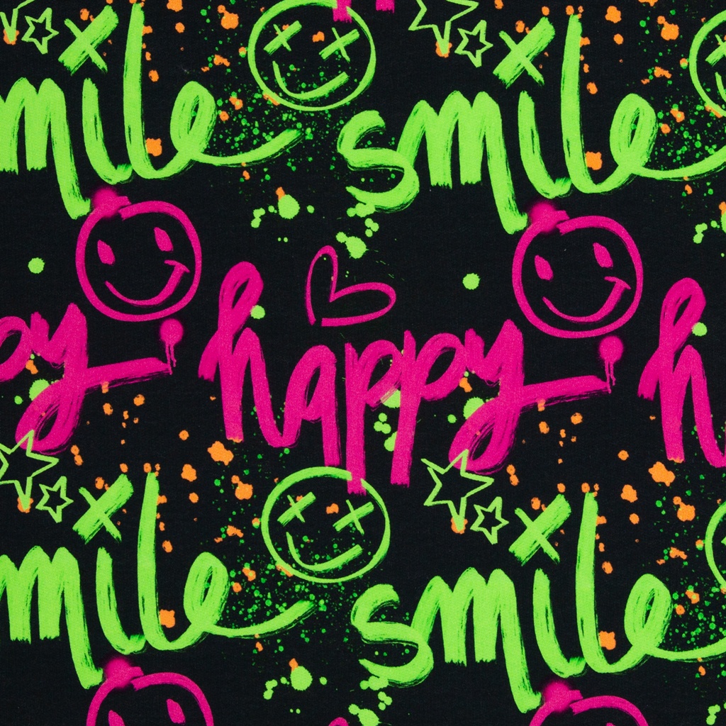 Swafing Sweat Happy Smile by Christiane Zielinski Schwarz – Gemusterter Sweatstoff mit Graffiti Neon-Smilies und Happy Smile Schriftzug.