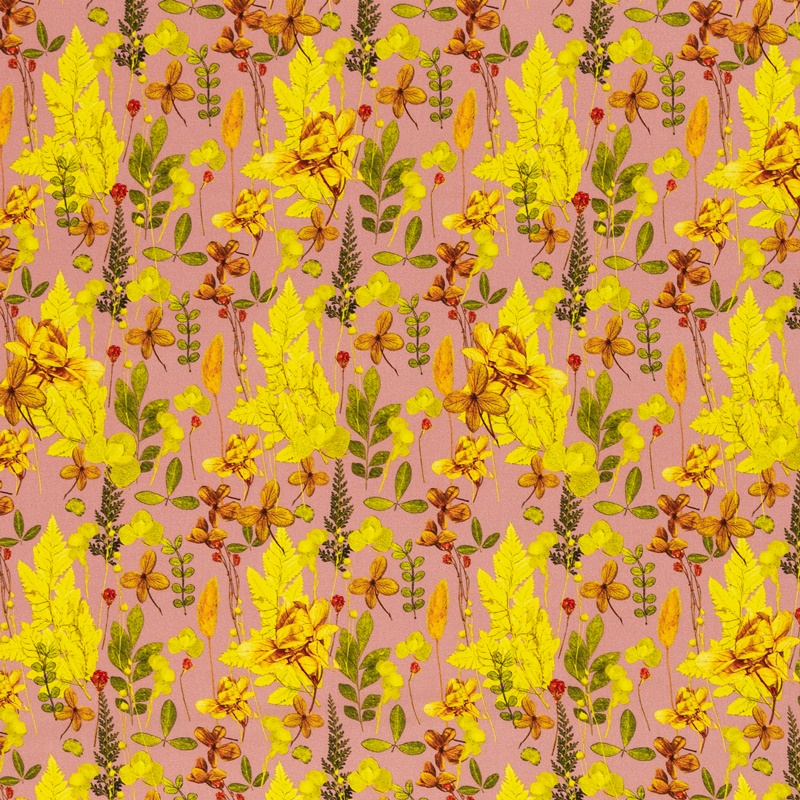 Viskose - Viskosewebware - Swafing - Believe by Cherry Picking - Blumen und Gräser in Gelb auf Altrosa - Reststück 170cm x 150cm