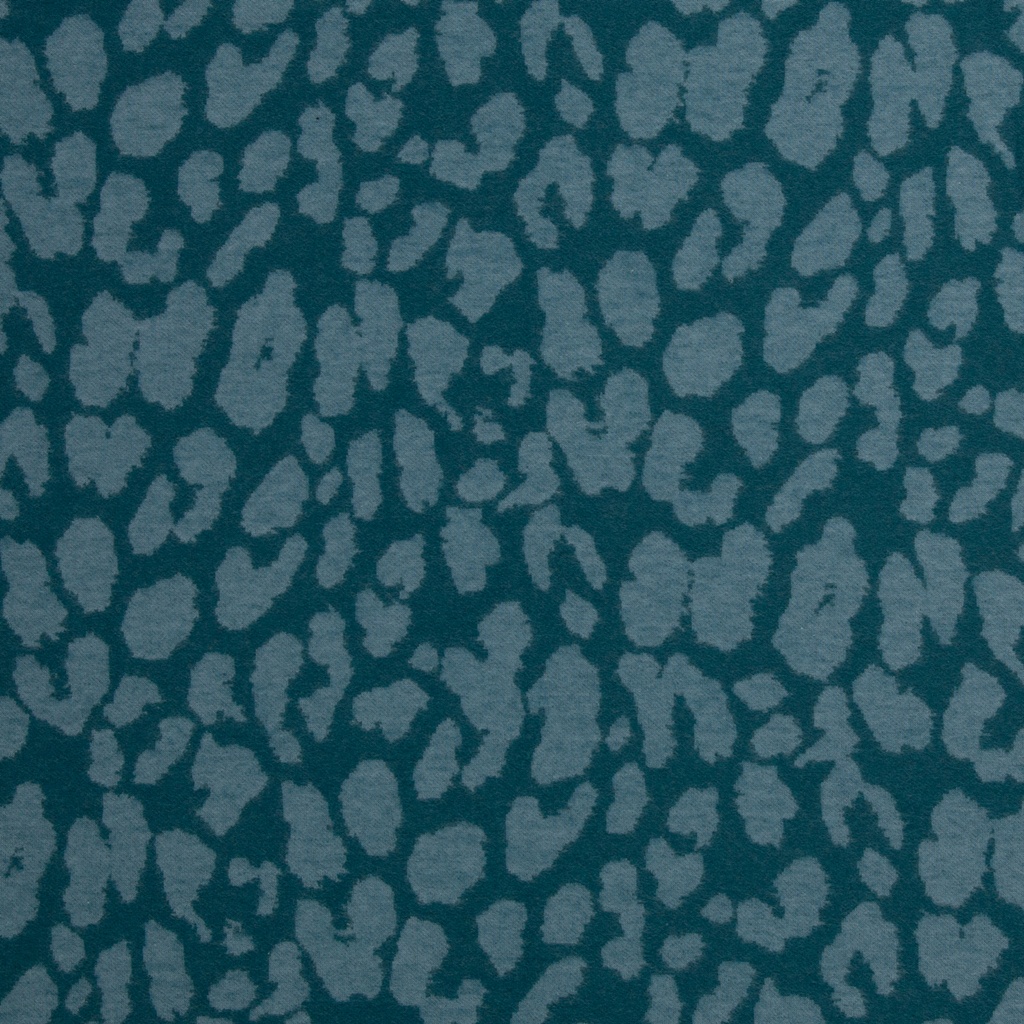 Swafing Jacquardjersey Emily Leoprint Petrol – Hochwertiger Baumwoll-Jacquard mit modernem Leo-Muster für Pullover, Kleider und Cardigans.