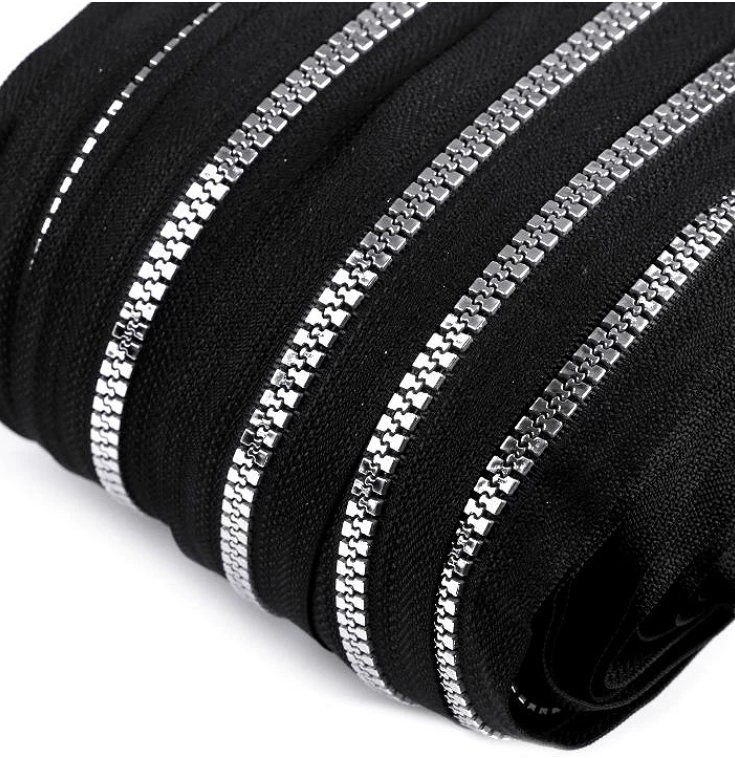 Endlosreißverschluss ohne Schieber - Meterware - 5mm - Metallic - Silber-Schwarz