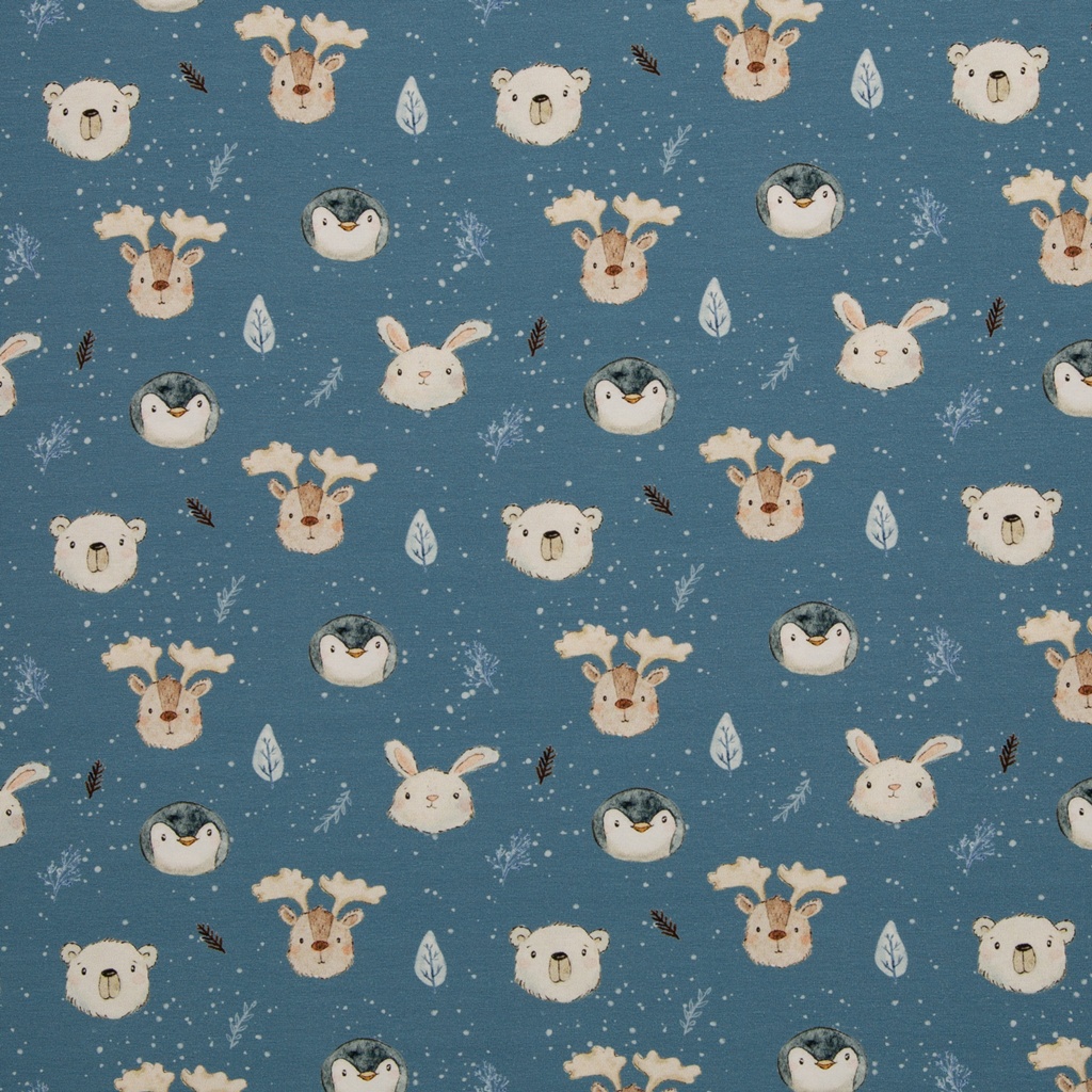 Hochwertiger Swafing Baumwolljersey Cute Polaranimals von Christiane Zielinski mit süßen Polartieren wie Eisbär, Pinguin, Rentier und Schneehase auf rauchblauem Grund