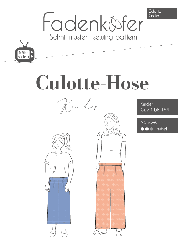 Fadenkäfer Papierschnittmuster für eine Kinder-Culotte, Größen 74-164, weite Hose mit Gummibund und optionalen Taschen, modernes Design.