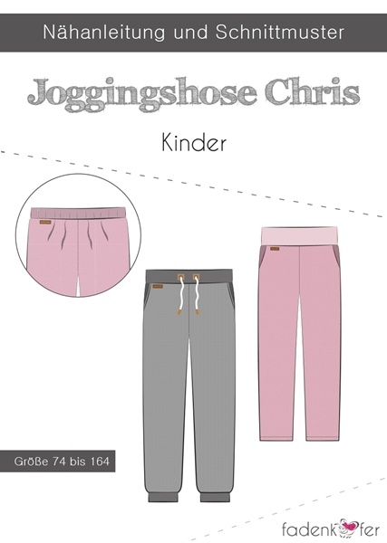 Papierschnittmuster Jogginghose Chris für Kinder von Fadenkäfer – Inklusive farbigem DinA0-Bogen und bebilderter Anleitung für die Größen 74 bis 164.