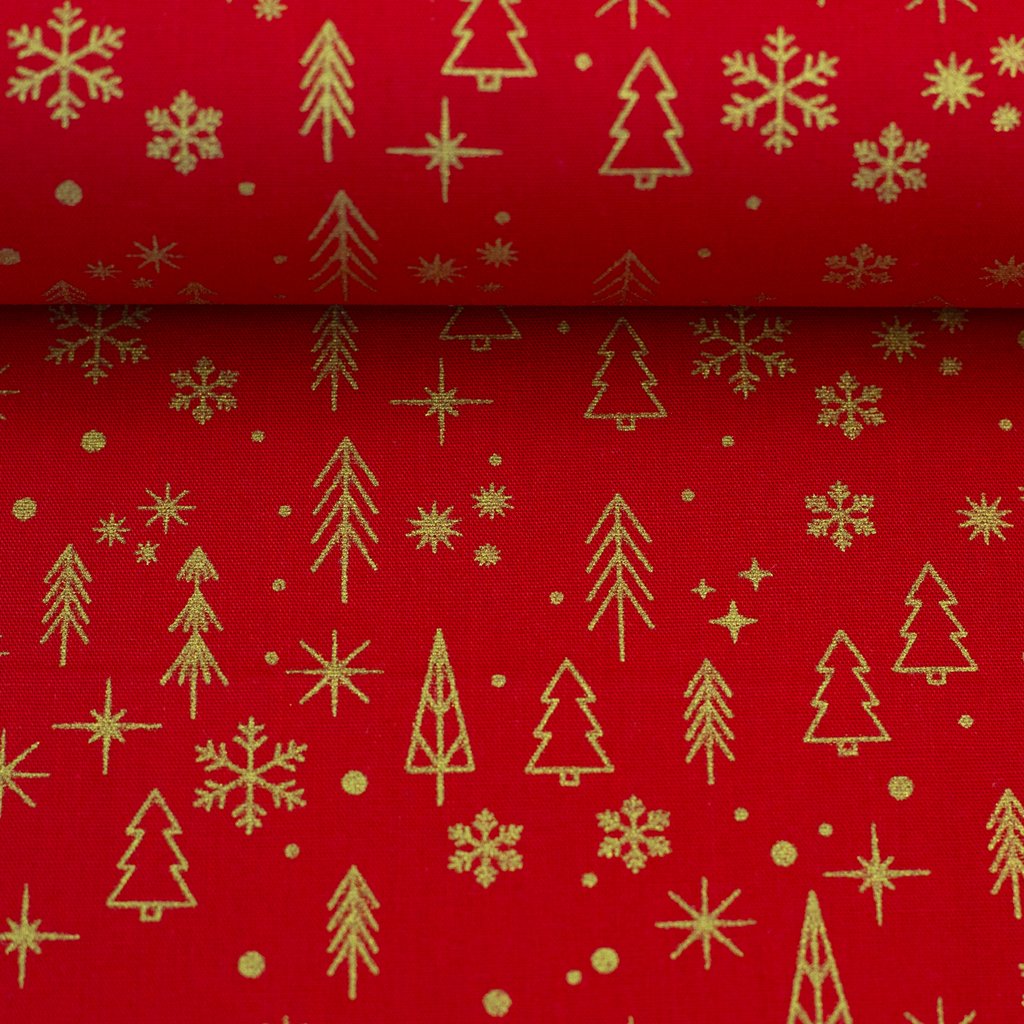 Webware - Baumwoll Stoff - Swafing -Neuss - Glitzerdruck - Tannenbäume in Gold auf Rot Webware - Baumwoll Stoff - Swafing -Neuss - Glitzerdruck - Tannenbäume in Gold auf Rot