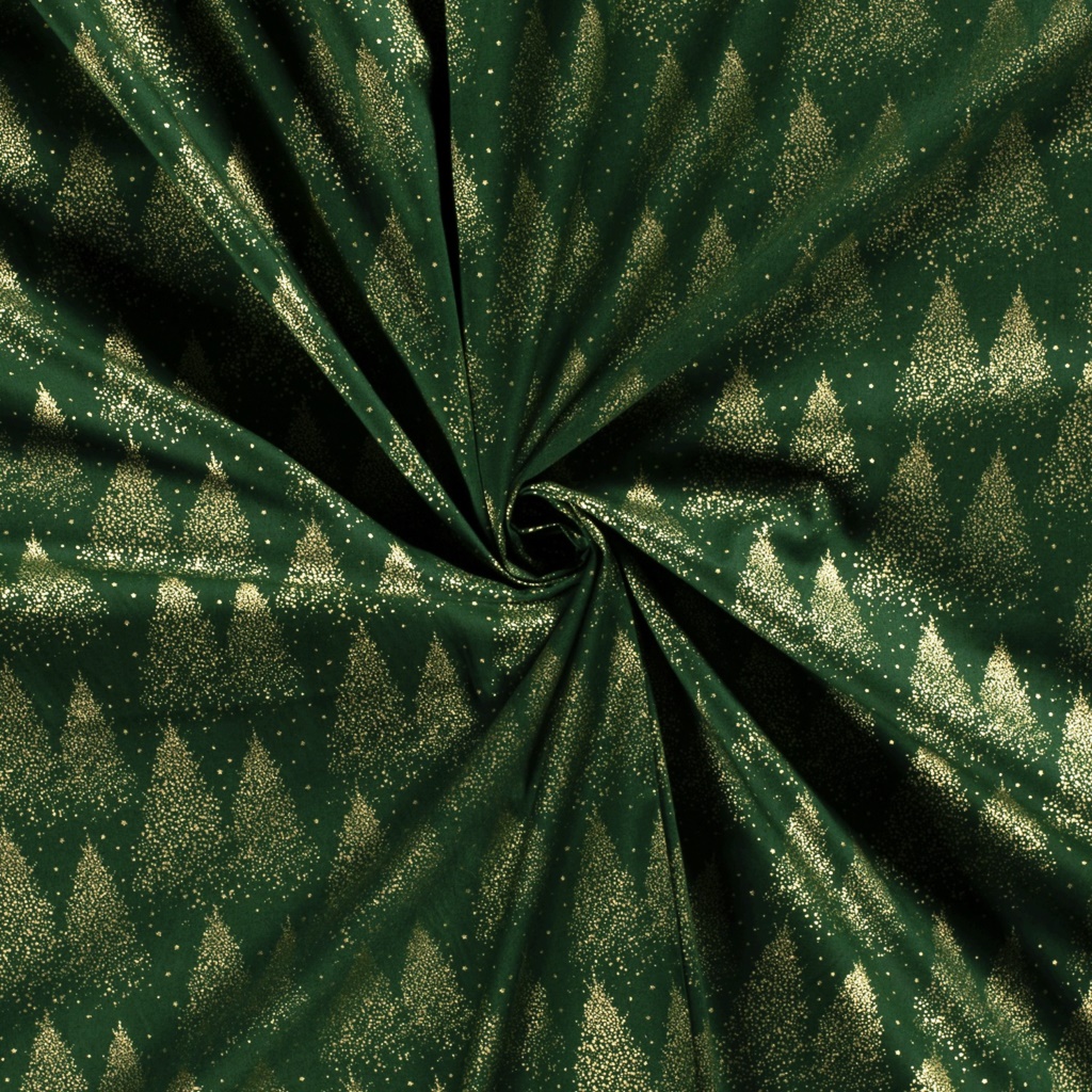 Webware - Baumwoll Stoff - Weihnachten - Goldene Weihnachtsbäume auf Waldgrün 
