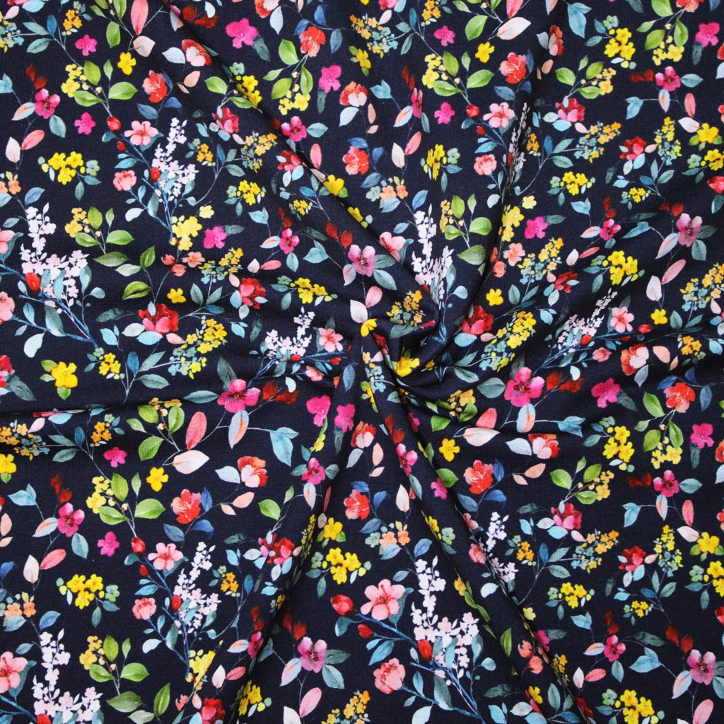 French Terry - Sommersweat Stoff - Digitaldruck - Buntes Blumenmeer auf Navy
