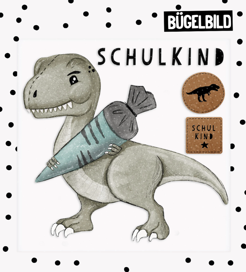 Bügelbild - Paul & Clara - Schulkind - T-Rex - 210mm x 210mm