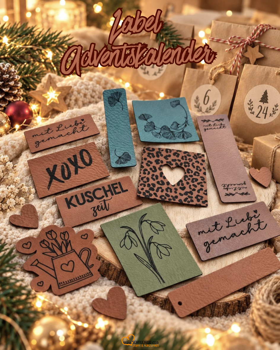 Label-Adventskalender 2026 von Schnuckidu® – 48 Handmade Nählabels aus veganem Kunstleder - Vorbestellung