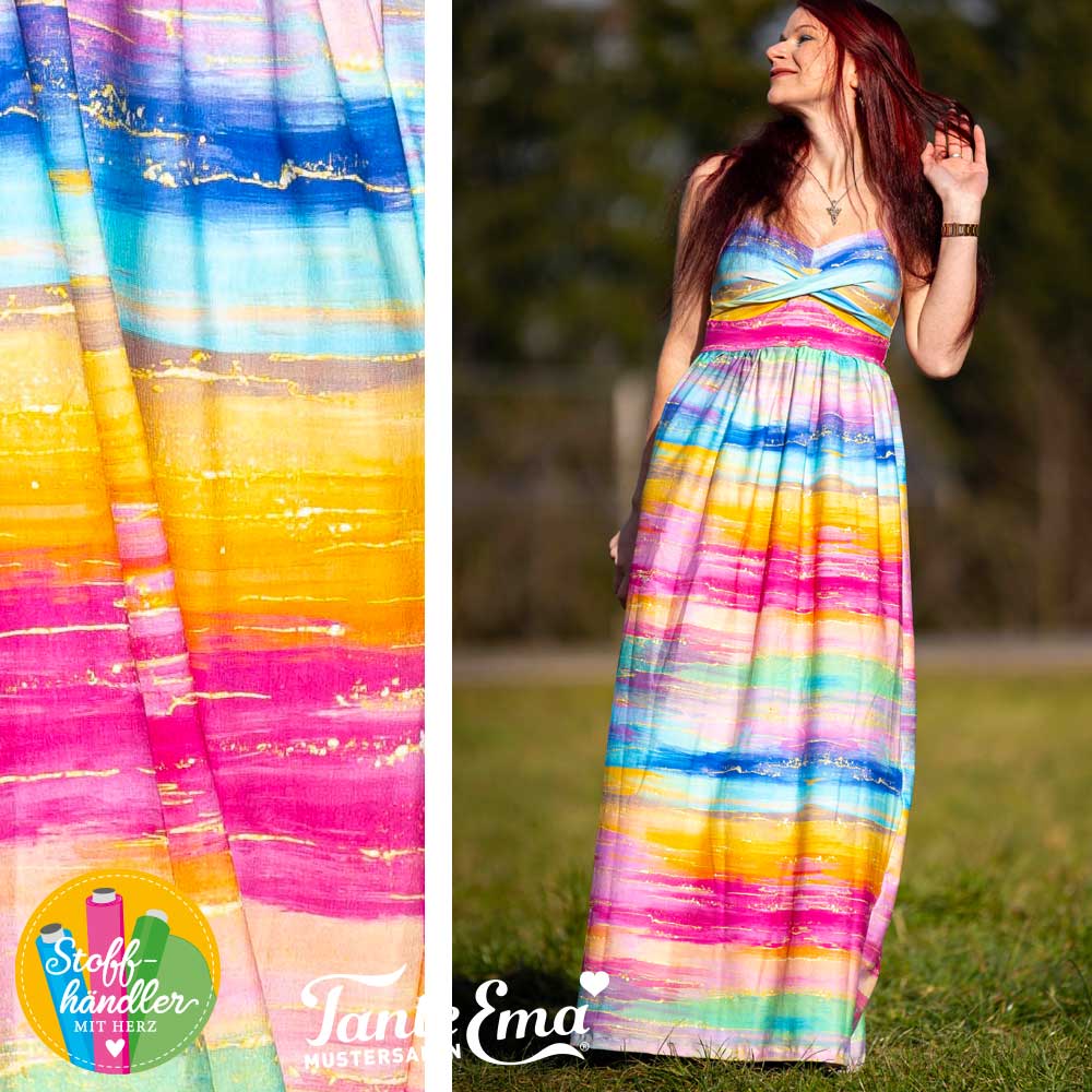 Baumwolljersey - Motivjersey - Tante Ema - Digitaldruck - Bunte Streifen mit Goldoptik