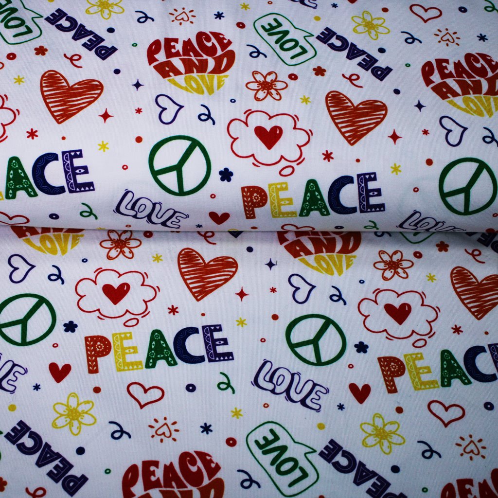 Baumwolljersey - Motivjersey - Tante Ema - Digitaldruck - Love and Peace - Bunte Schrift auf Weiß