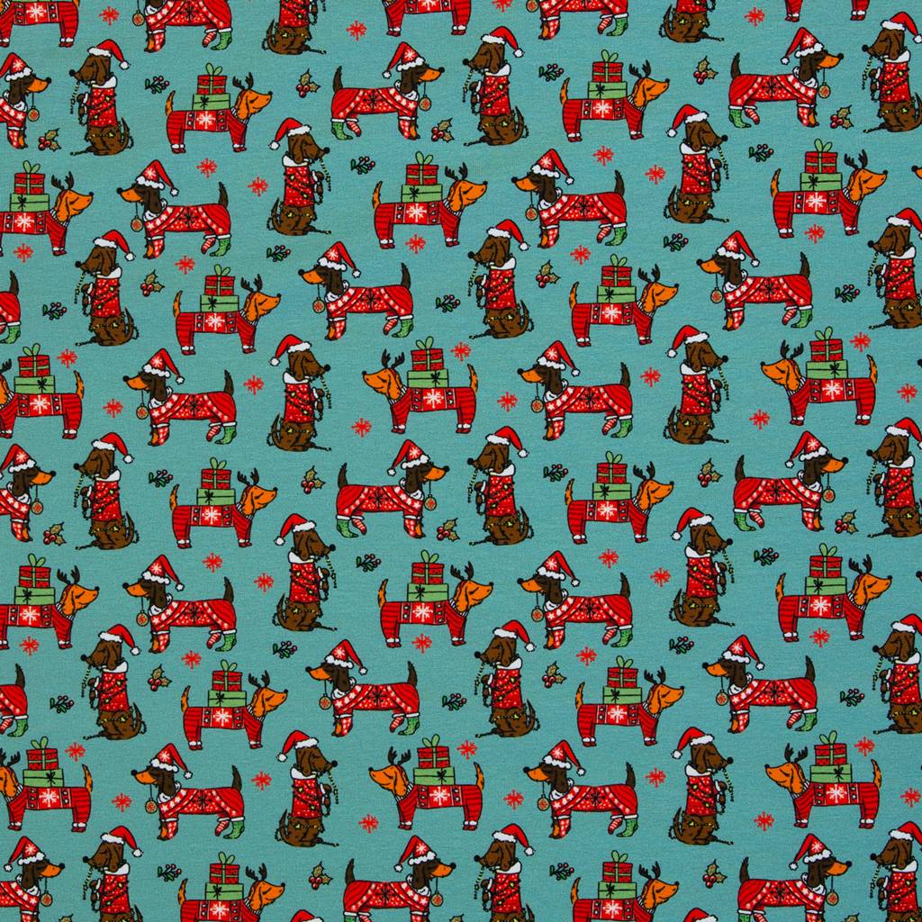 Swafing Sweat Holly angeraut, Motiv Weihnachtsdackel mit Mützen und Schals, Farbe Türkis, 95% Baumwolle 5% Elasthan, Vorbestellung 2026