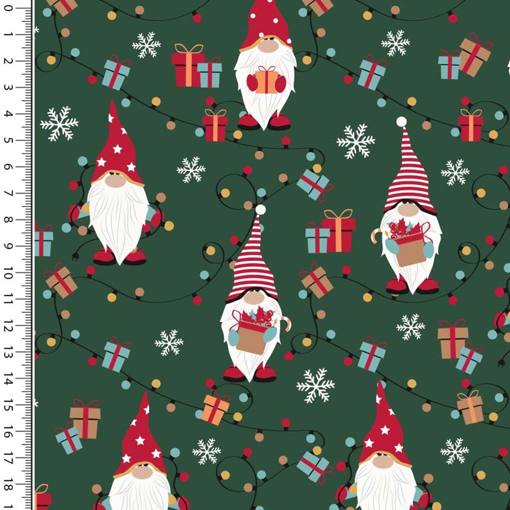 Webware - Baumwolle - Weihnachten - Wichtel mit Lichterkette auf Grün