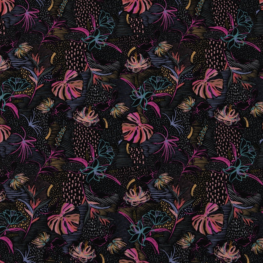 Hochwertiger Modal French Terry "Kira" von Swafing, großflächiges Monstera-Blättermuster in Mint und Weiß auf dunklem Petrol-Grund, 60% Modal, 35% Baumwolle & 5% Elasthan, herrlich weich und fließend