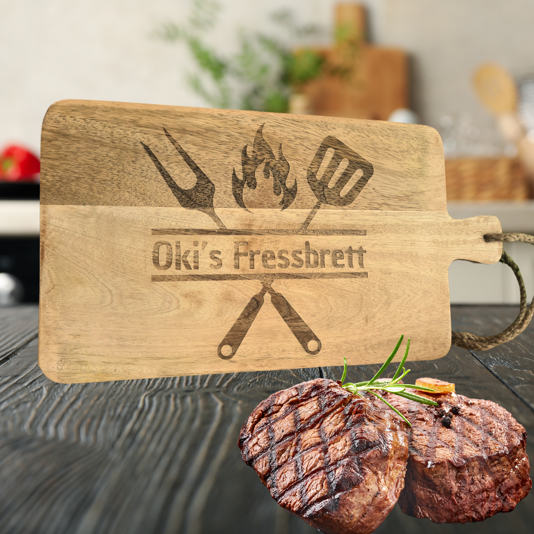 Personalisiertes Holzbrett mit Griff und Gravur – Geschenk zur Hochzeit, zum Geburtstag oder Einzug – Frühstücksbrett mit Namen & Wunschtext
