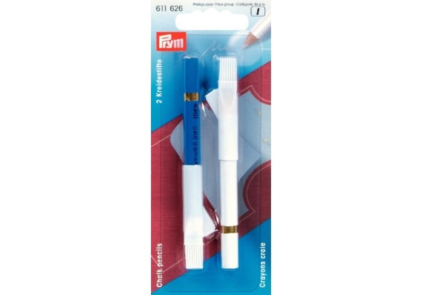 PRYM Kreidestifte im 2er Set (Weiß und Blau) mit integrierter Löschbürste an der Schutzkappe, ideal zum präzisen Anzeichnen auf Stoffen.