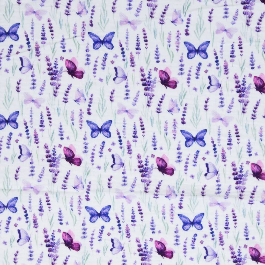 Musselin - Baumwolle - Double Gauze - Thea - Lavendel und Schmetterlinge auf Weiß