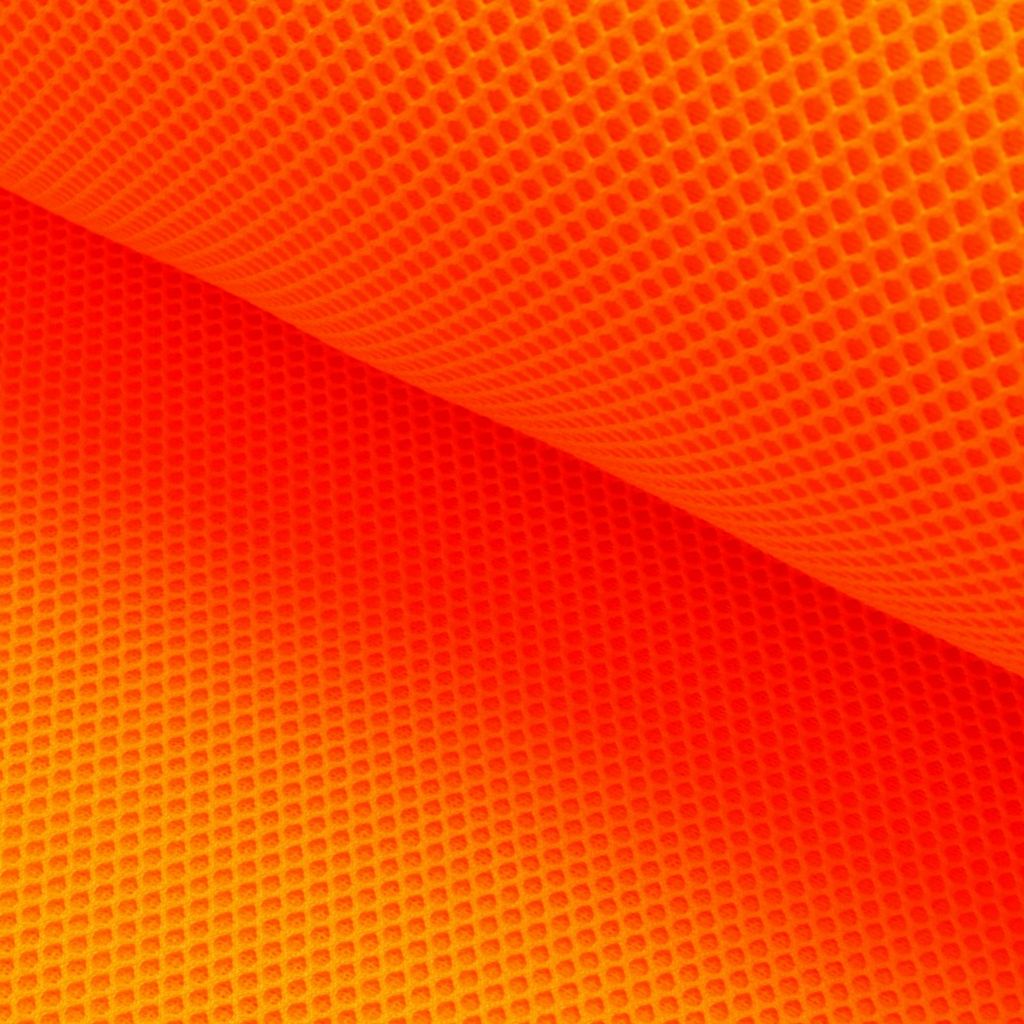 Hochwertiges Mesh 3D Polstergewebe in Neon-Orange, atmungsaktiver Abstandsstoff aus 100% Polyester, 270g/m², blickdichte Polsterware für Taschen und Rucksäcke