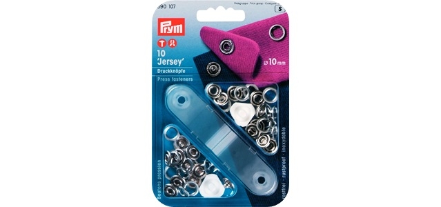 Prym Jersey-Druckknöpfe in Silber (10 mm) – 10 Stück nähfreie Metalldruckknöpfe mit Zackenring für Jersey und feine Wirkwaren, inklusive Werkzeug.