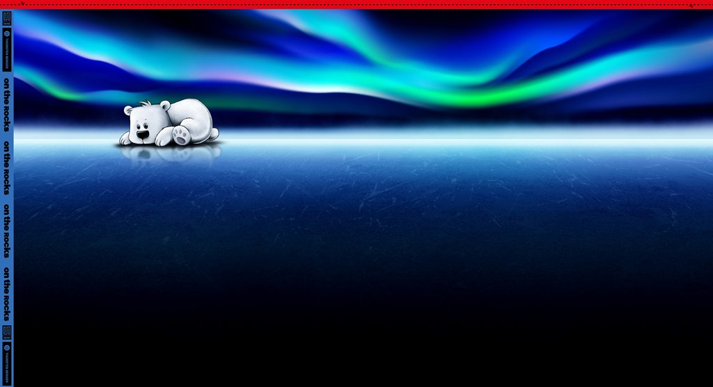 Hochwertiges Sweat-Panel von Thorsten Berger aus der "On the Rocks" Kollektion, Motiv kleiner Eisbär ruhend auf einer Eisfläche unter leuchtenden Polarlichtern (Aurora Borealis), Baumwoll-Sweat 85cm x 150cm