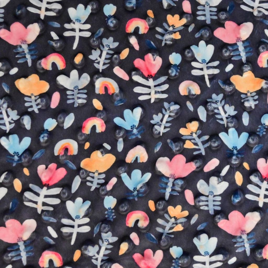 Minky - Nicky - Velours - Digitaldruck - Blumen und Regenbögen auf Dunkles Jeans