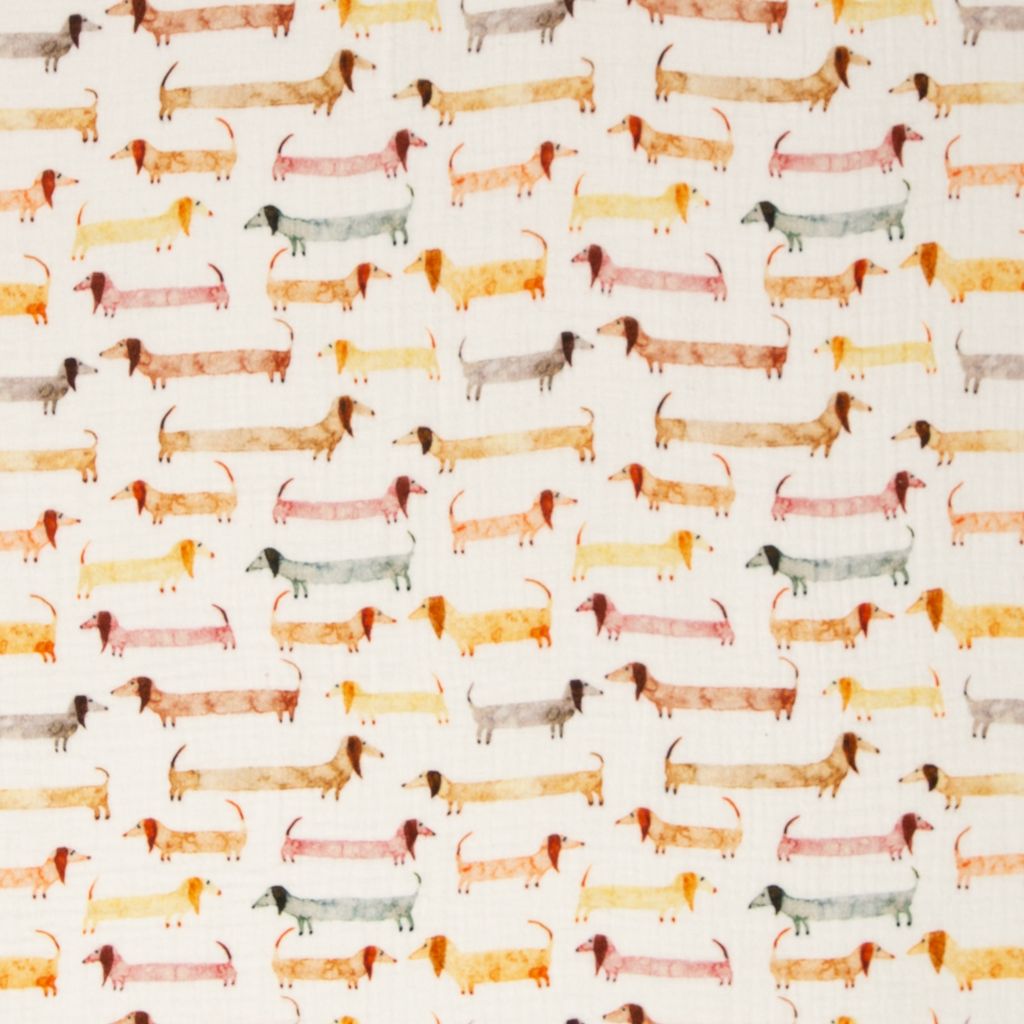 Weicher Musselin Double Gauze Stoff Thea aus 100% Baumwolle mit bunten, aquarellierten Dackeln auf hellem Grund, 100g/m² für Kinderbekleidung und Hunde-Accessoires