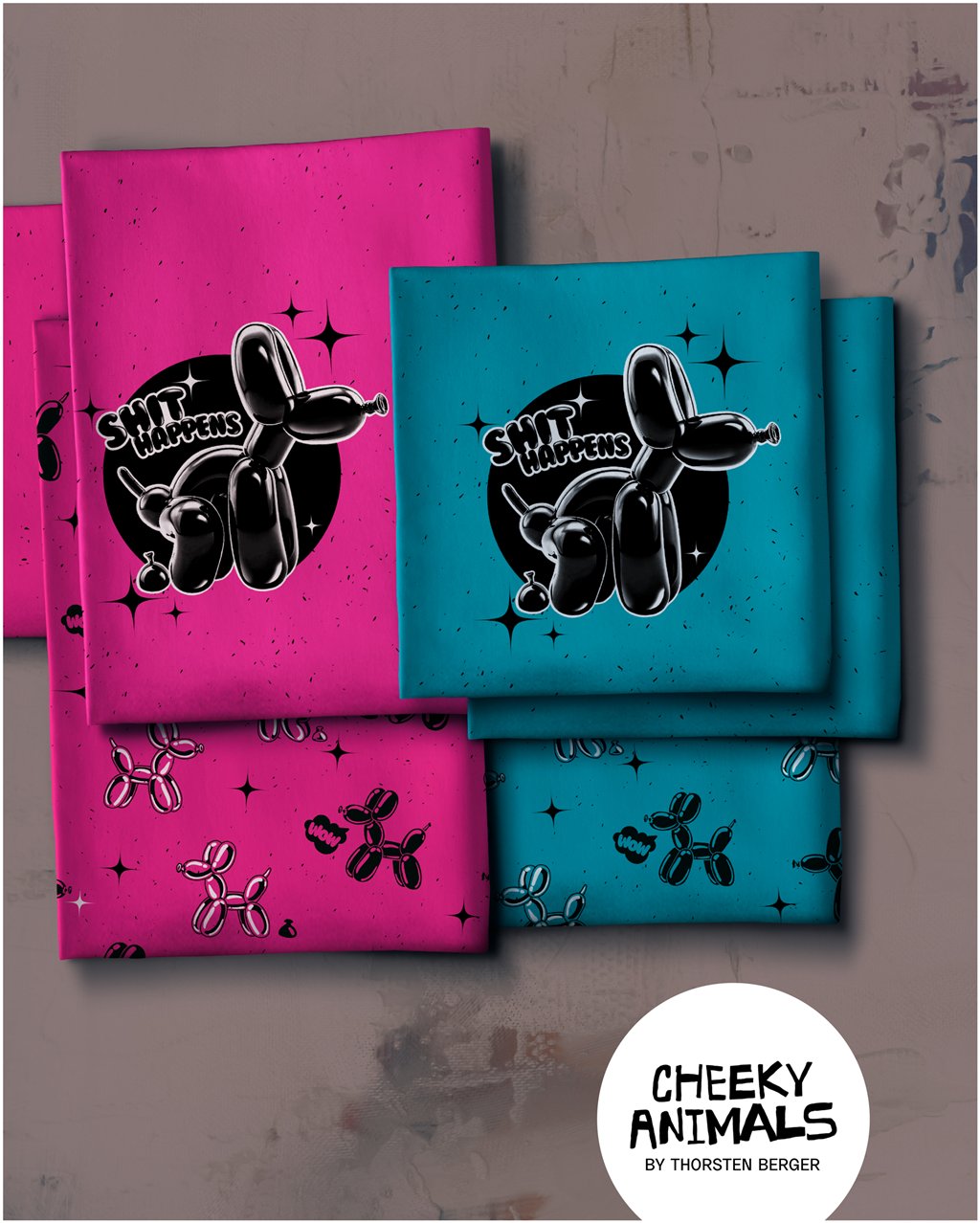 VORORDER - French Terry - Swafing - Thorsten Berger - Panel - Cheeky Animals - 80x150cm - Shit Happens Türkis