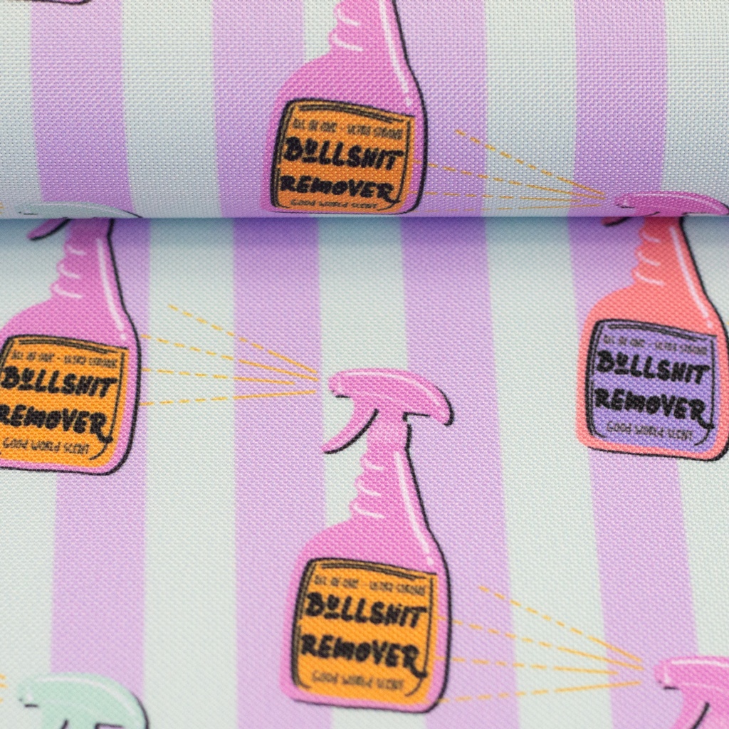 Oxfordgewebe Polyester Webware Bullshit Remover mint lila von Cherry Picking – Wasserabweisender Outdoor- und Taschenstoff mit Sprühflaschen-Motiv und Streifen.