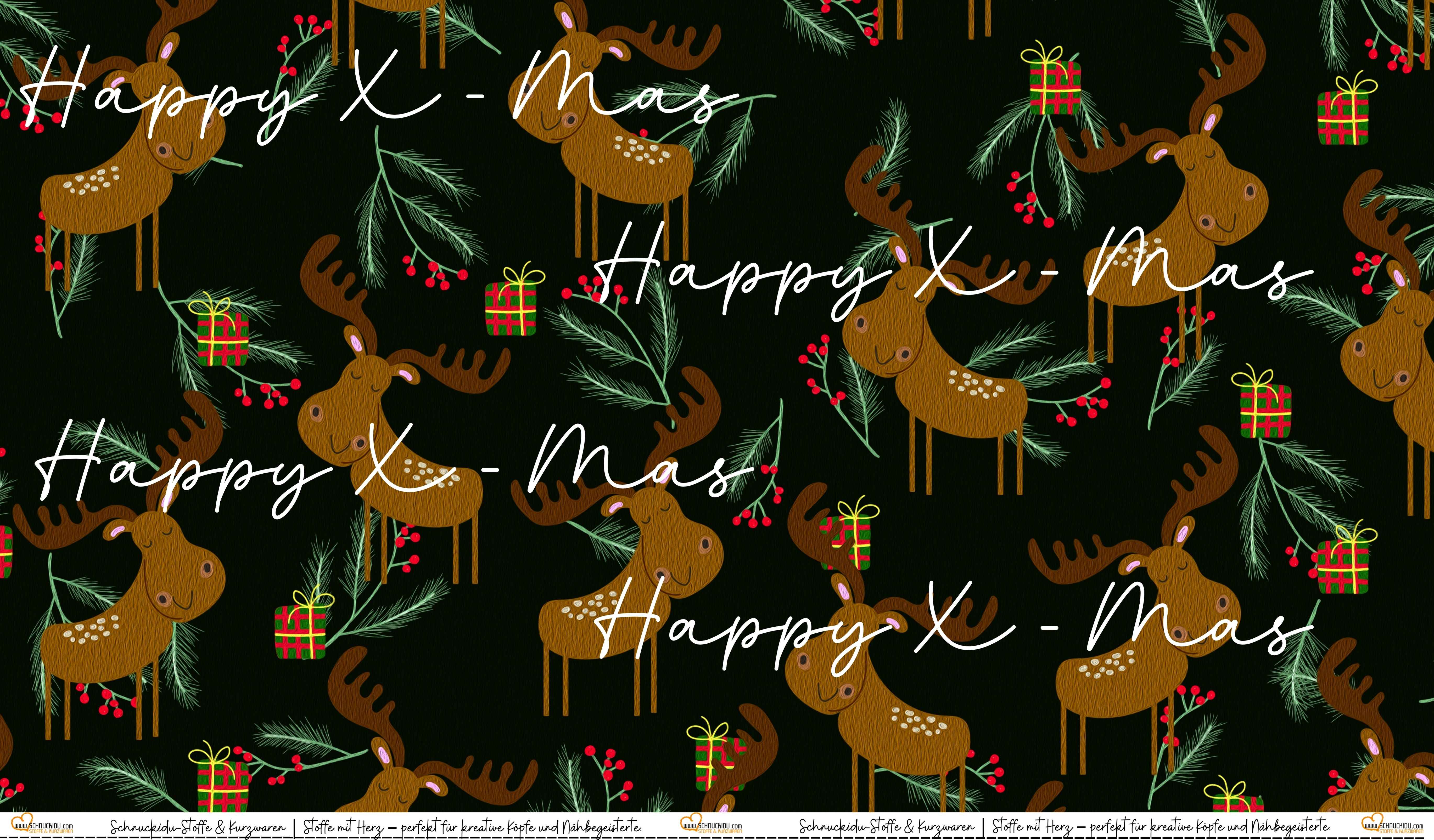 Schnuckidu Eigendesign French Terry Panel mit niedlichen Rentieren, Tannenzweigen, Geschenken und Happy X-Mas Schriftzug auf schwarzem Hintergrund.