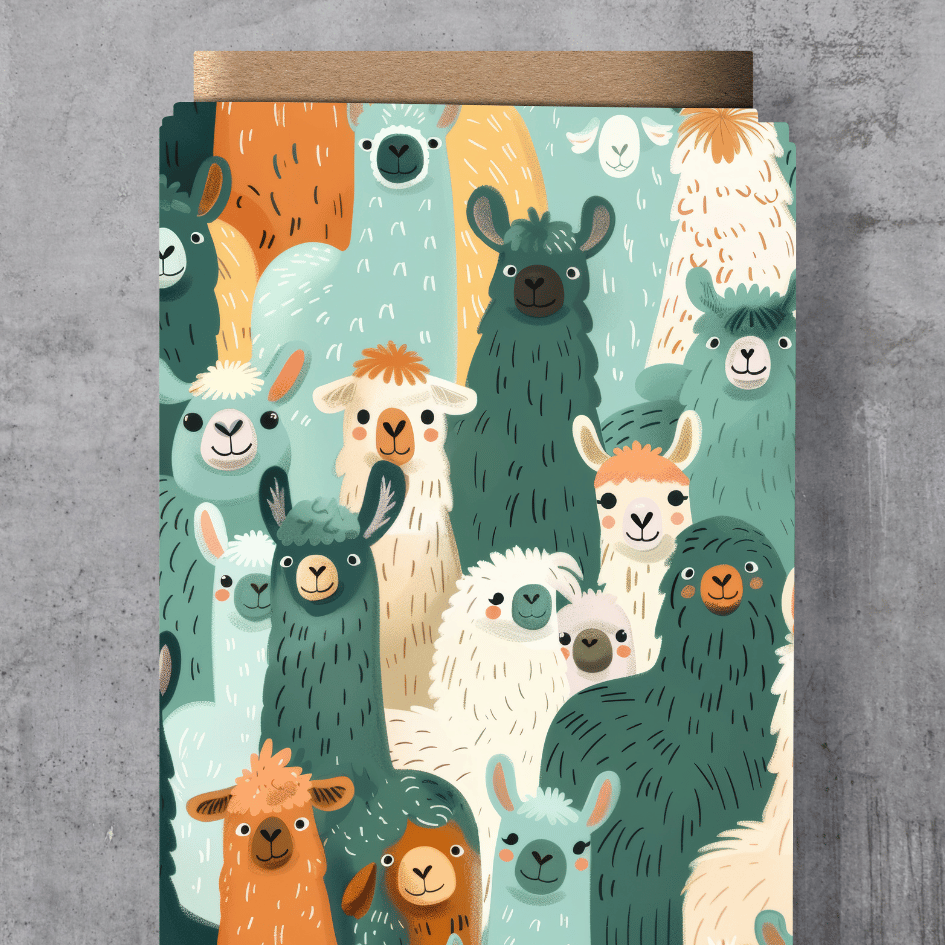 Eigendesign Stoff "Alpaka" – Niedliches Allover-Muster mit vielen bunten Alpakas in Mint, Orange, Grau und Creme, exklusive Vororder bei Schnuckidu.