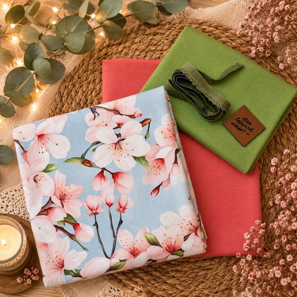 Limitierte Näh-Box mit dem Eigendesign Cherry Blossom auf Motivjersey, passendem Kombi-Jersey, Bündchen, elastischer Spitze und Kunstlederlabel.