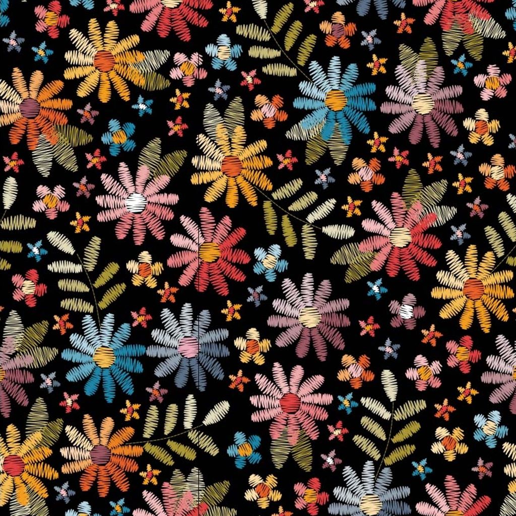 Baumwolljersey - Jersey Stoff - Motivjersey - Gestickte Blumen auf Schwarz