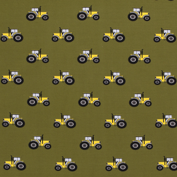 Baumwolljersey - Motivjersey - Gelbe Traktoren auf Grün