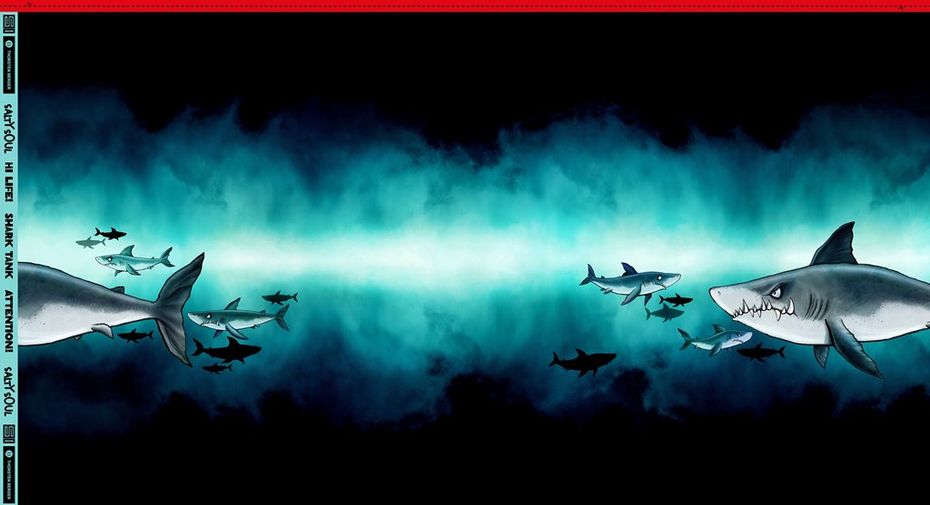 rench Terry Panel "Shark Tank" von Thorsten Berger – imposantes Hai-Motiv in verschiedenen Blau-, Türkis- und Grautönen, ca. 85x150cm, 95% Baumwolle, 5% Elasthan, Öko-Tex Standard 100