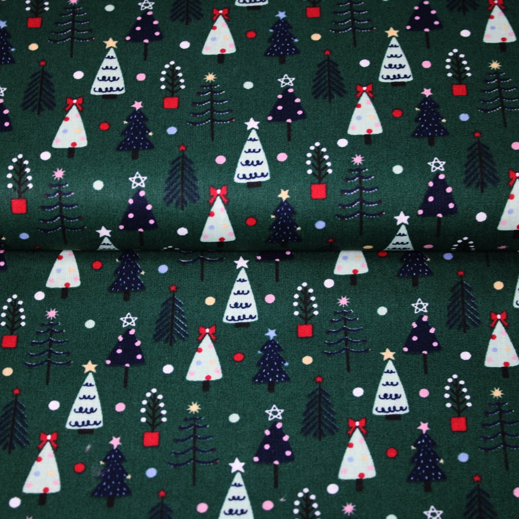 Baumwolle - Webware - Baumwoll Stoff - Weihnachtsbäume auf  Waldgrün