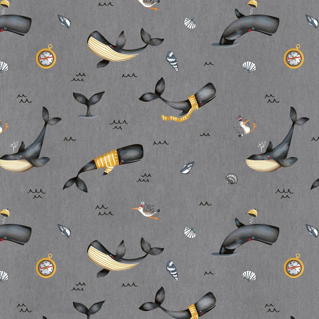 Motivjersey - Digitaldruck - Wale mit Pullover und Schal in Gelb auf Grau