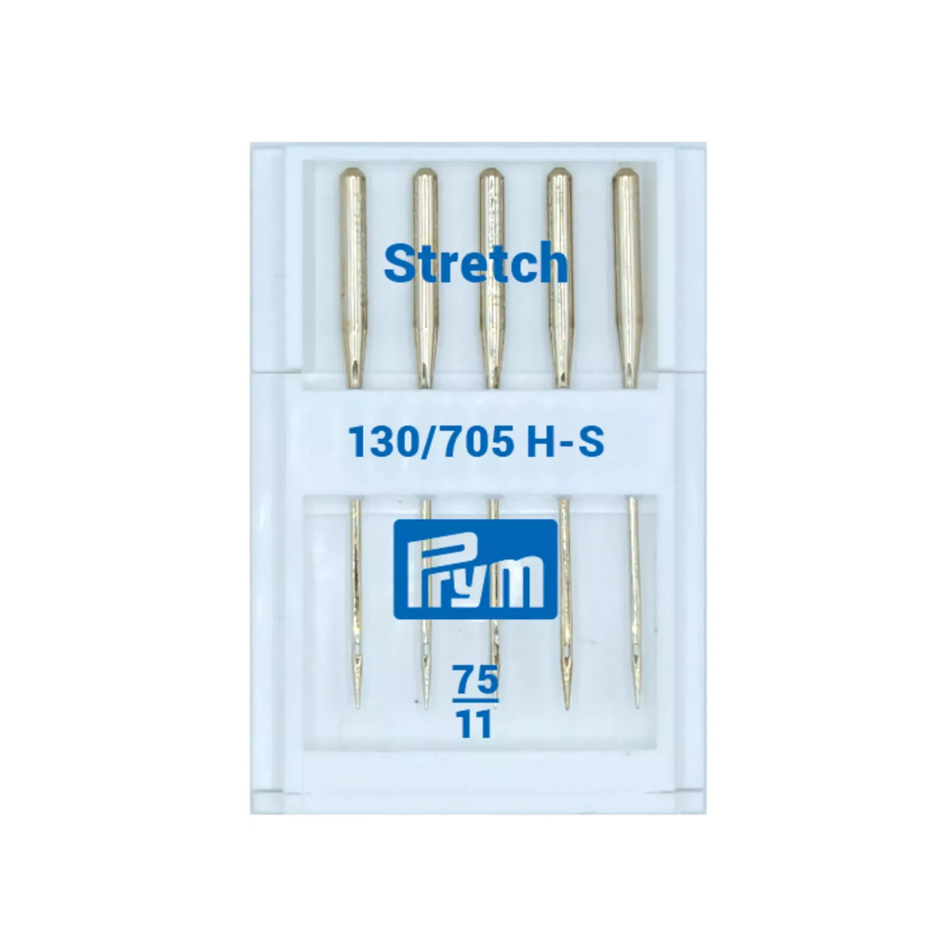 Prym Nähmaschinennadeln Stretch (System 130/705 H-S) – 5-teiliges Set in den Stärken 75 und 90 mit spezieller Kolbenform und Kugelspitze für hochelastische Stoffe.