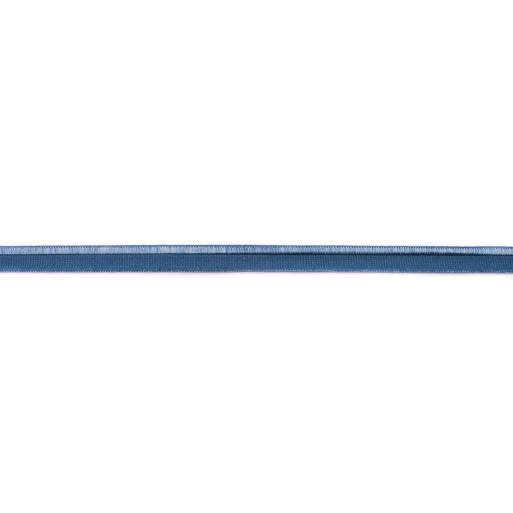 Elastisches Paspelband in klassischem Jeansblau, 10 mm Breite, hochwertige Materialmischung mit Lycra, ideal für Denim-Looks, Jersey-Kleidung und sportliche Akzente.