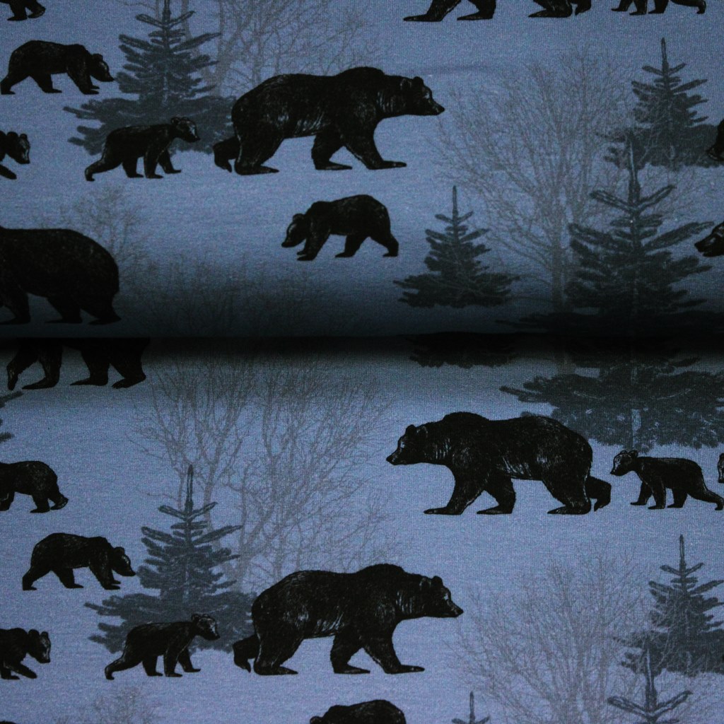 French Terry - Sommersweat - Digitaldruck - Bärenfamilie im Wald auf Jeansblau
