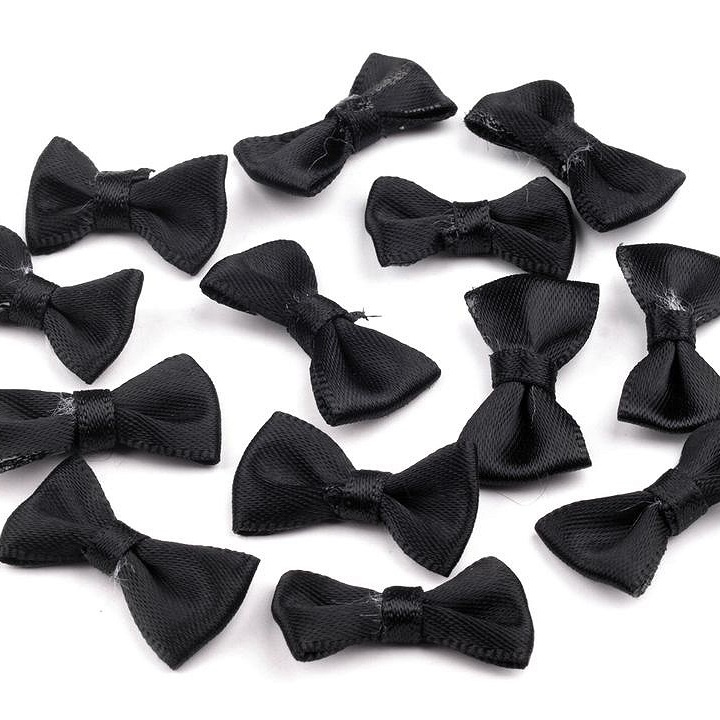 Kleine Satinschleife in Schwarz, 12 x 25 mm, aus hochwertigem Polyester-Satin, ideal zum Aufnähen oder Aufkleben auf Kleidung, festliche Accessoires und Bastelprojekte.