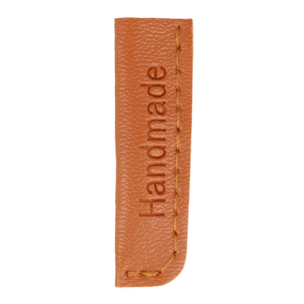 Kleines Kunstleder-Kordelende in Braun mit "Handmade" Schriftzug, hochwertiges Lederimitat für Kordeln bis 8 mm Durchmesser, ideal zum Veredeln von selbstgenähter Kleidung.