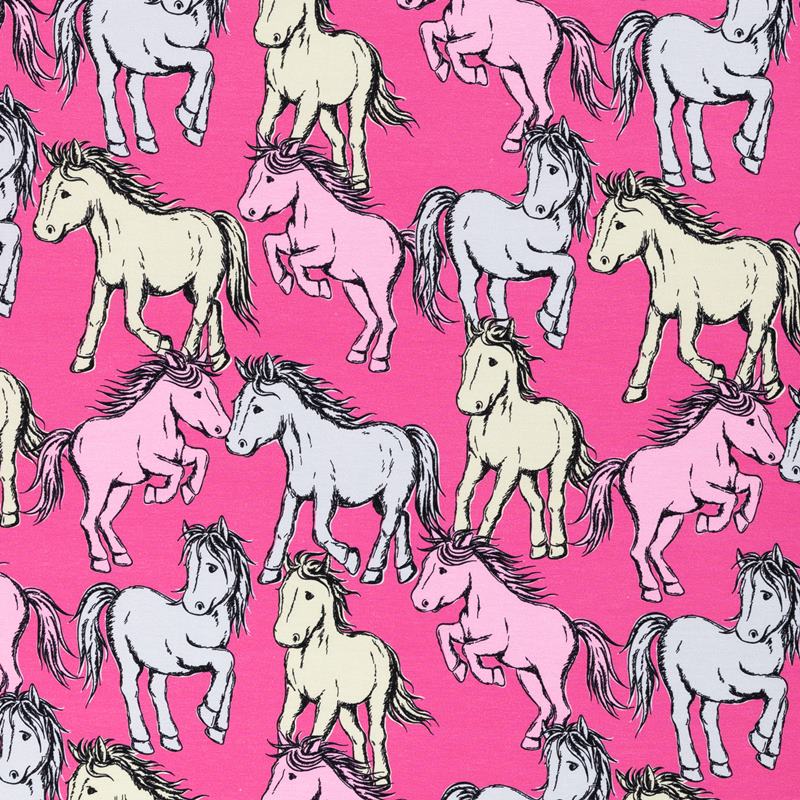 French Terry -  Sommersweat - Swafing - Free Horses by Steinbeck - Bunte Pferde auf Pink Reststück 100cm x 155cm