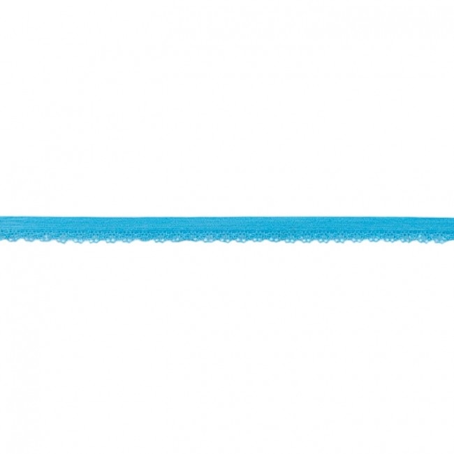 Elastische Spitze in leuchtendem Aqua mit dekorativer Bogenkante, 11 mm Breite, hochwertige Mischung mit Lycra, ideal für Lingerie, sommerliche Wäsche-Abschlüsse und maritime Akzente.