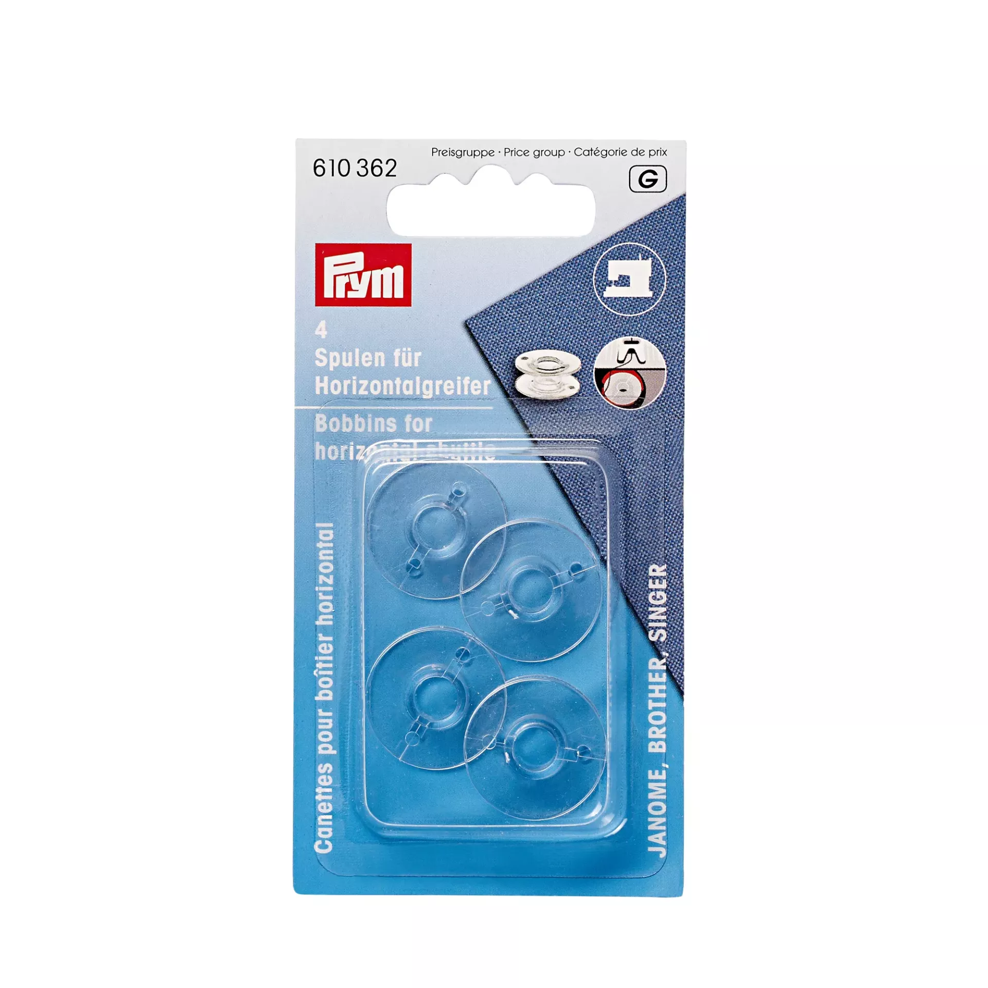 PRYM Nähmaschinenspulen aus Kunststoff für Horizontalgreifer, 20,5 mm Durchmesser, 4 Stück in der Packung, passend für viele gängige Haushaltsnähmaschinen.