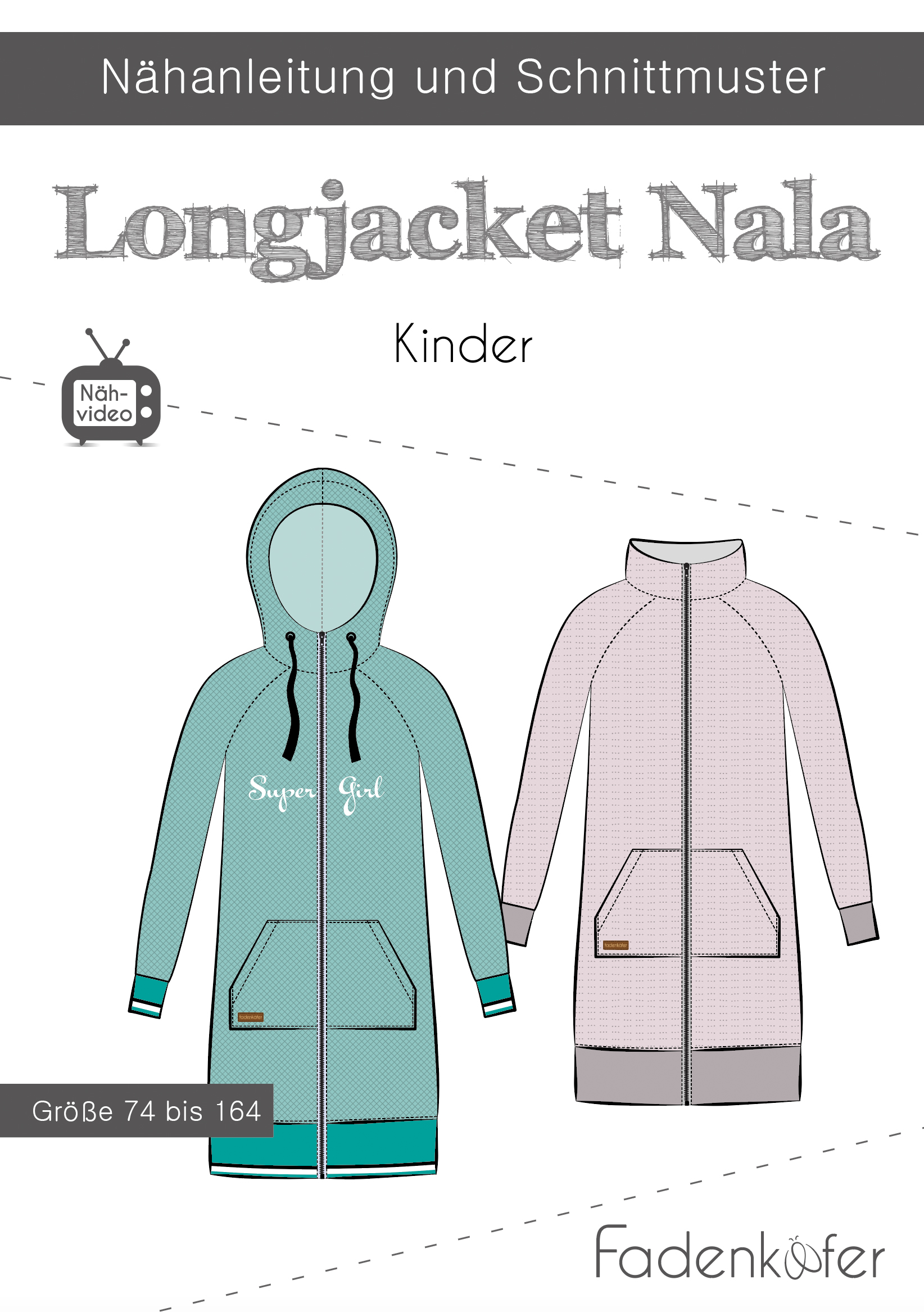 Papierschnittmuster Longjacket Nala für Kinder von Fadenkäfer – Inklusive farbigem DinA0-Bogen und bebilderter Anleitung für die Größen 74 bis 164. Offene Strickjacke/Mantel.